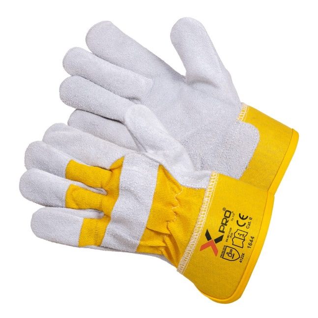 XPRO 1644 cowhide split leather glove with yellow drill fabric back and rubberized cuff