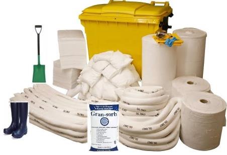 Industrial spill control kit with absorbent socks, pads and rolls